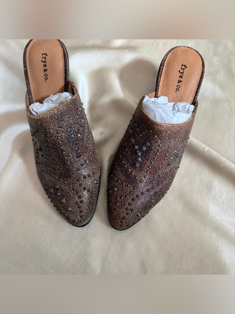 Frye & Co. Phoenix Distressed Leather Studded Western Mules Size 8.5 New W/ Box